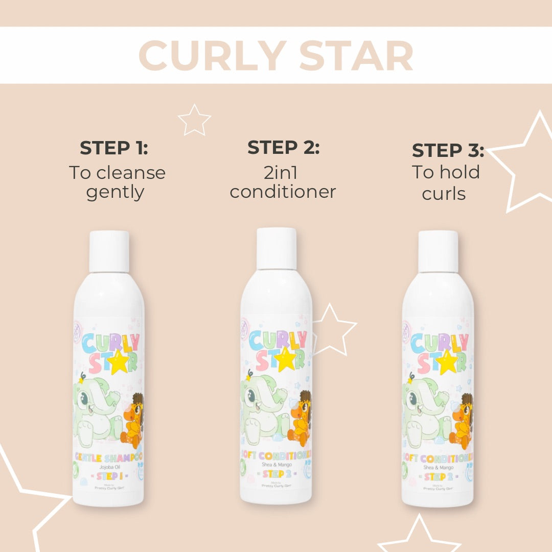 Curly Star Liquid Gel | Pretty Curly Girl | Curly girl method approved | Vegan curly hair products | Krullen | Krullend haar | Krullen gel voor kinderen | Kindvriendelijke styling gel voor zachte en gedefinieerde krullen | Curly hair gel for kids | Curly girl approved