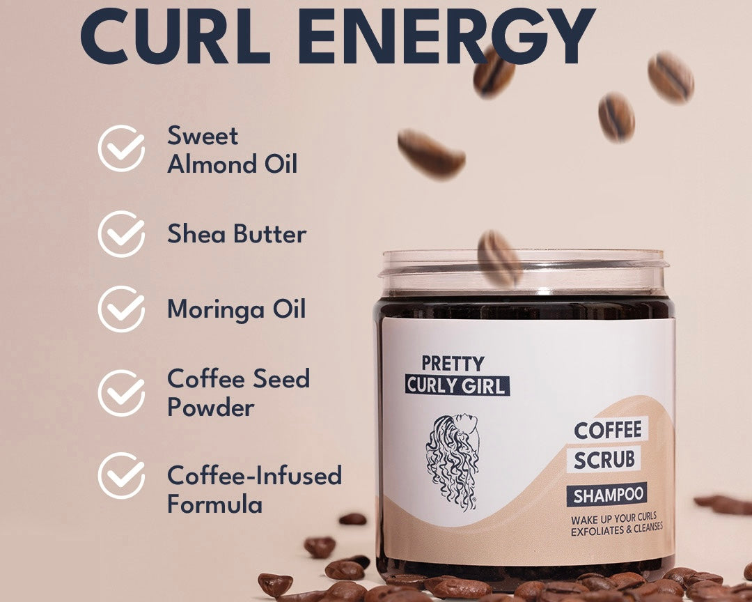 Coffee Scrub Mask 250ml | Pretty Curly Girl | Curly girl method approved | Vegan curly hair products | Krullen | Krullend haar | Hoofdhuid scrub en haarmasker voor krullen | Exfoliating scalp scrub curly hair | Natural curly hair care | Curly girl approved