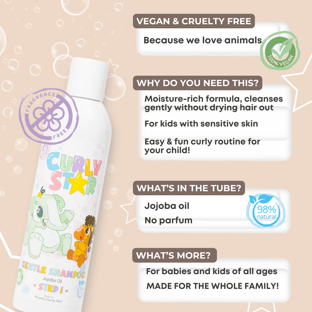 Curly Star Gentle Shampoo Fragrance Free | Pretty Curly Girl | Curly girl method approved | Vegan curly hair products | Krullen | Krullend haar | Parfumvrije milde shampoo voor kinderen met krullen | Fragrance free gentle shampoo for kids curls and sensitive scalp | Curly girl approved