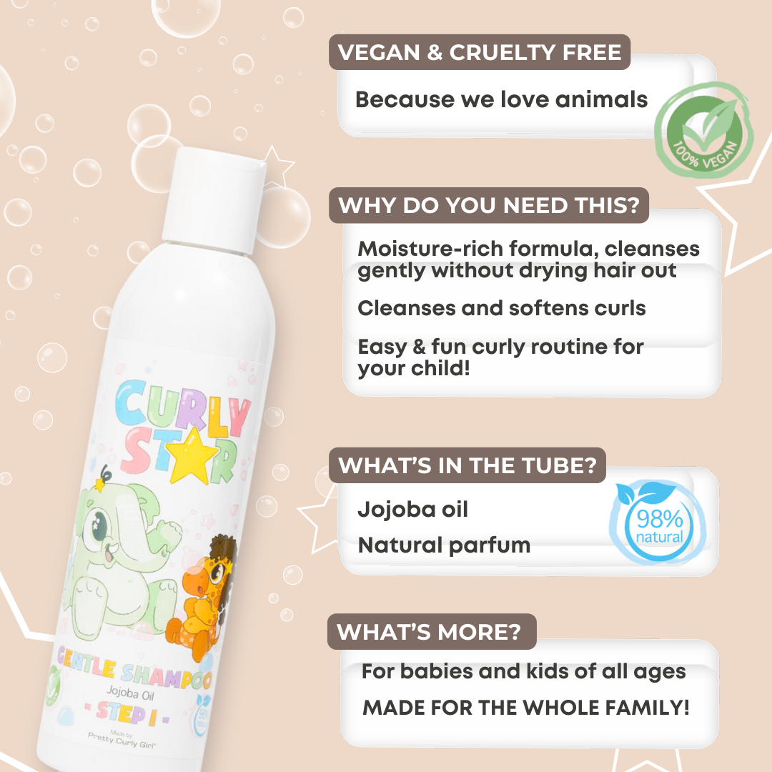 Curly Star Gentle Shampoo | Pretty Curly Girl | Curly girl method approved | Vegan curly hair products | Krullen | Krullend haar | Milde shampoo voor kinderen met krullen | Gentle shampoo for kids curls and sensitive scalp | Curly girl approved
