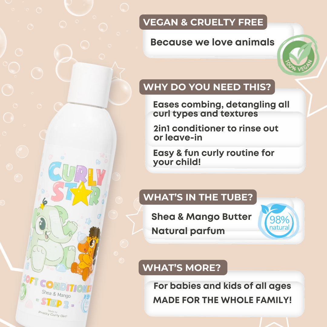 Curly Star 2in1 Soft Conditioner | Pretty Curly Girl | Curly girl method approved | Vegan curly hair products | Krullen | Krullend haar | 2in1 conditioner voor kinderen met krullen | Gentle conditioner for soft, shiny and defined kids curls | Curly girl approved